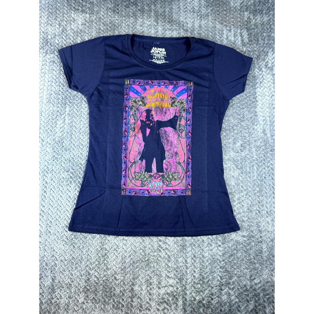 Janis Joplin T Shirt Womens M Navy Blue Paisley & Flowers Frame Crew Neck Cotton